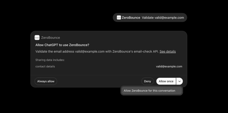 Figure 6. Permission scope prompt before sharing an address with ZeroBounce.