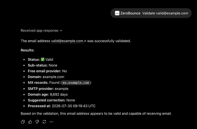 Figure 7. Single-address validation result from the ZeroBounce app.