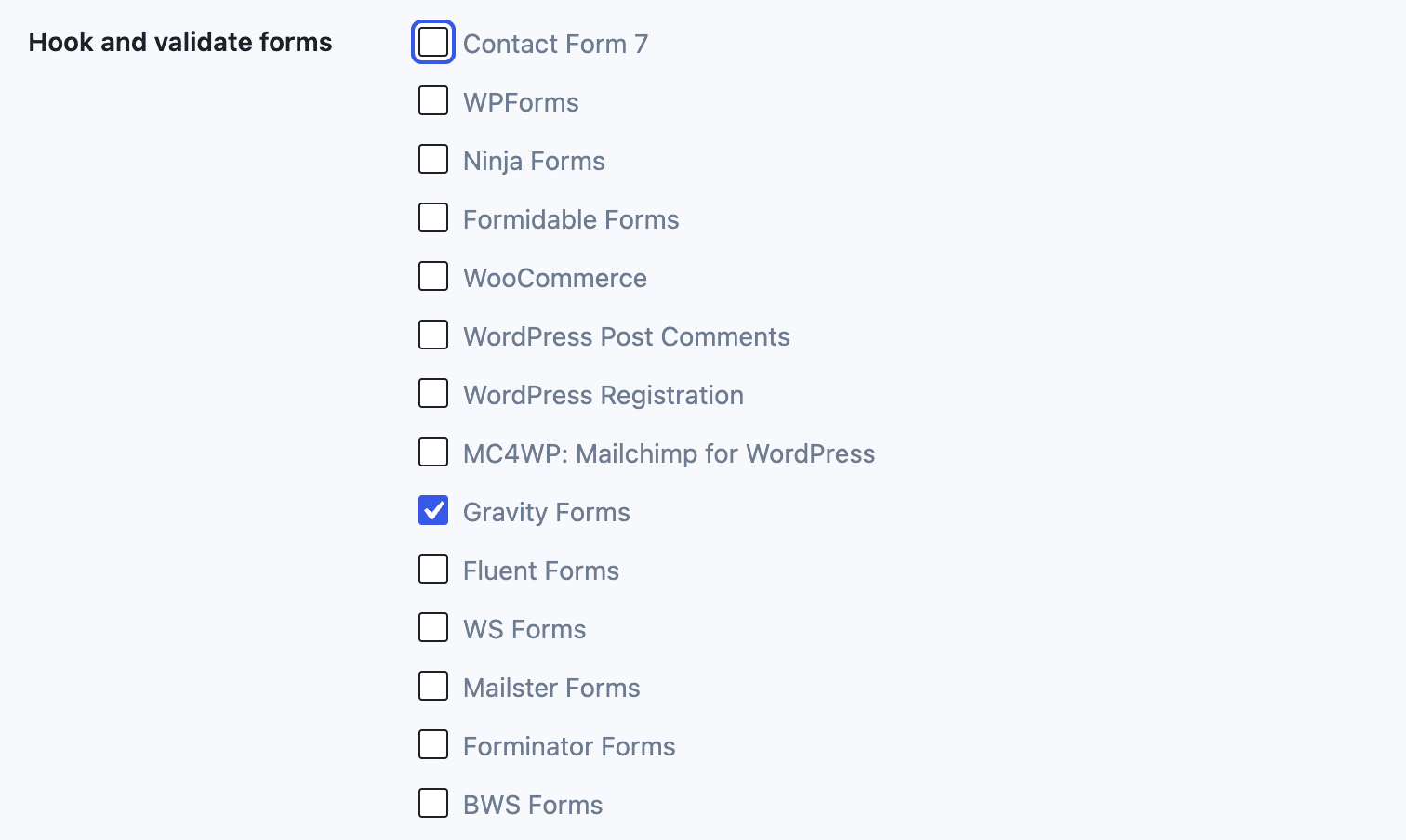 Hook and validate forms with Gravity Forms selected