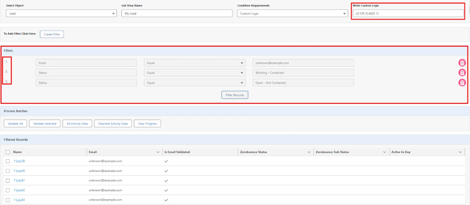 Define filter, enable 'Write Custom Logic' for complex queries