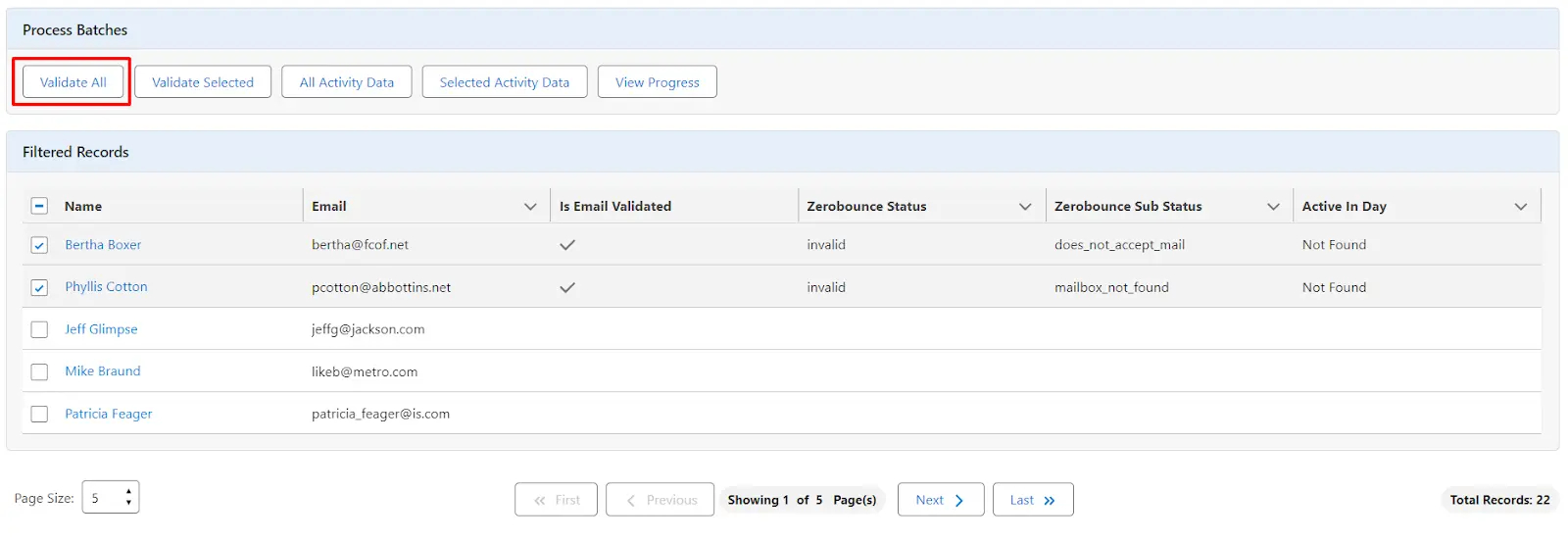 Validate all emails: click 'Validate All' button