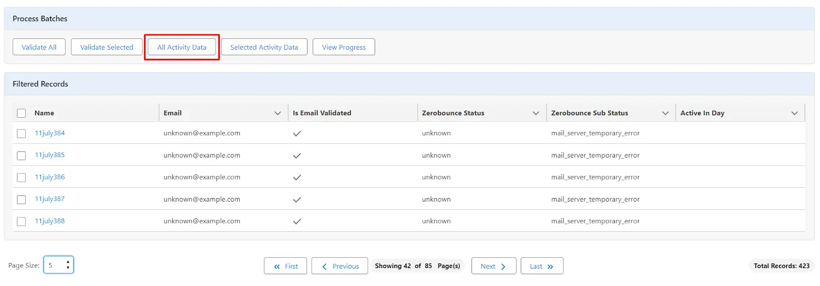 Get activity data for all listed emails: click 'All Activity Data'