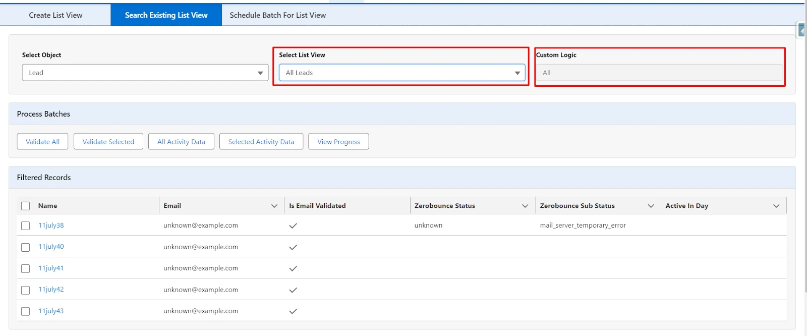 Choose list view, third field displays selected condition (e.g., 'All,' 'OR,' 'AND')