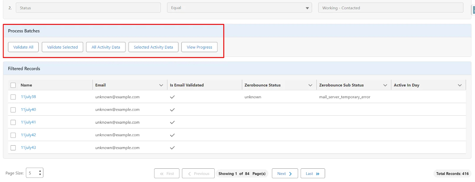 Click 'See Filtered Records' to obtain records based on defined filters, as shown