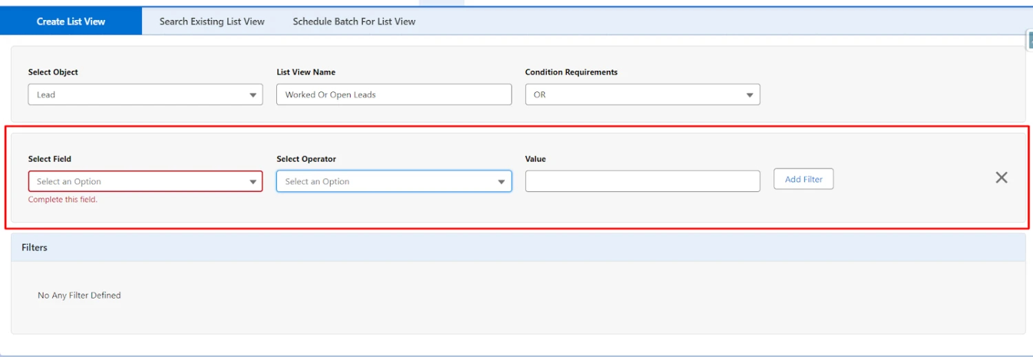 Selected 'OR' from dropdown, clicked 'Create Filter'