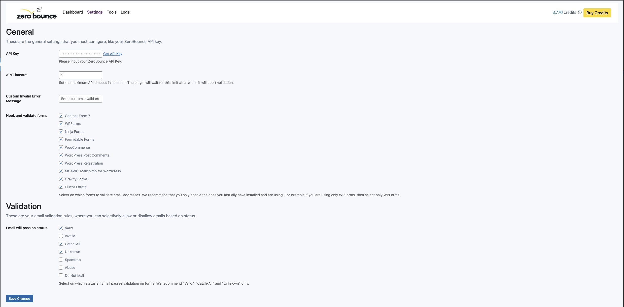 ZeroBounce Email Validation Settings