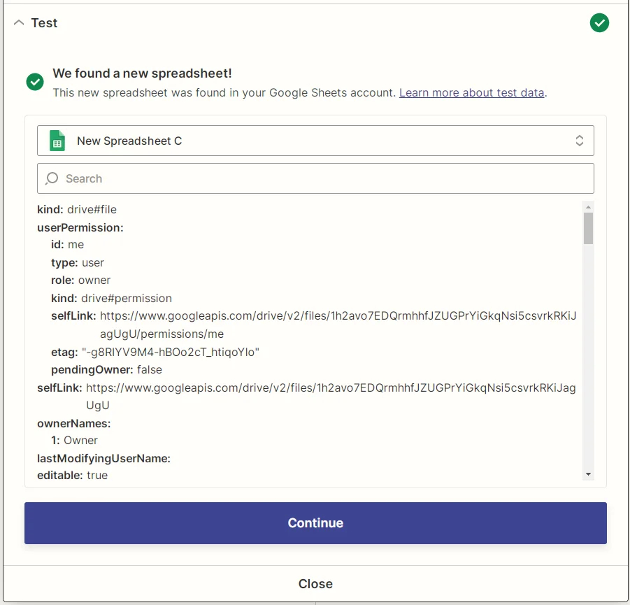 Zapier Google Sheets New Spreadsheet test result screenshot