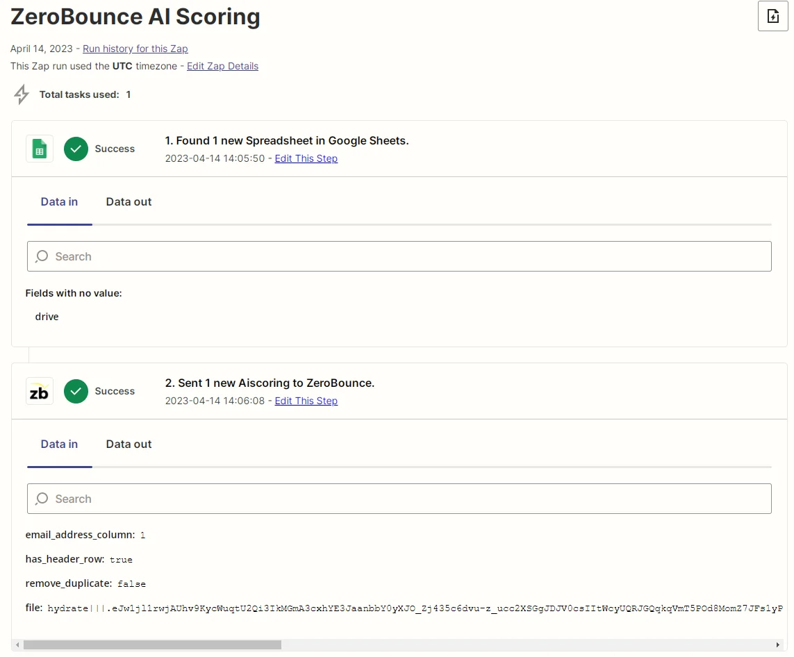 Zapier Zap data screenshot
