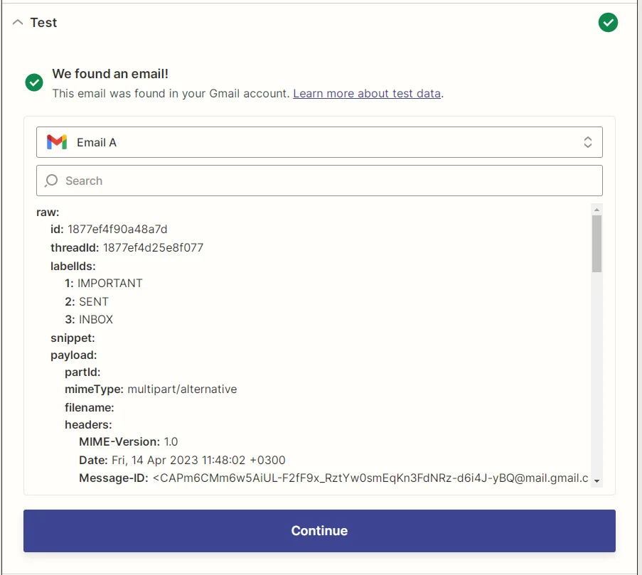 Zapier Gmail trigger test results screenshot