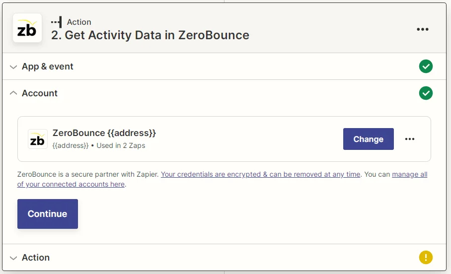 Zapier ZeroBounce connected account screenshot