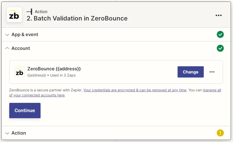 Zapier ZeroBounce connected account screenshot