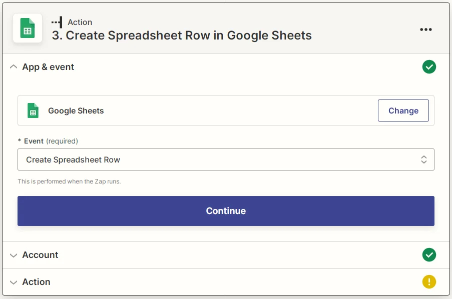 Zapier Google Sheets Create Spreadsheet Row screenshot