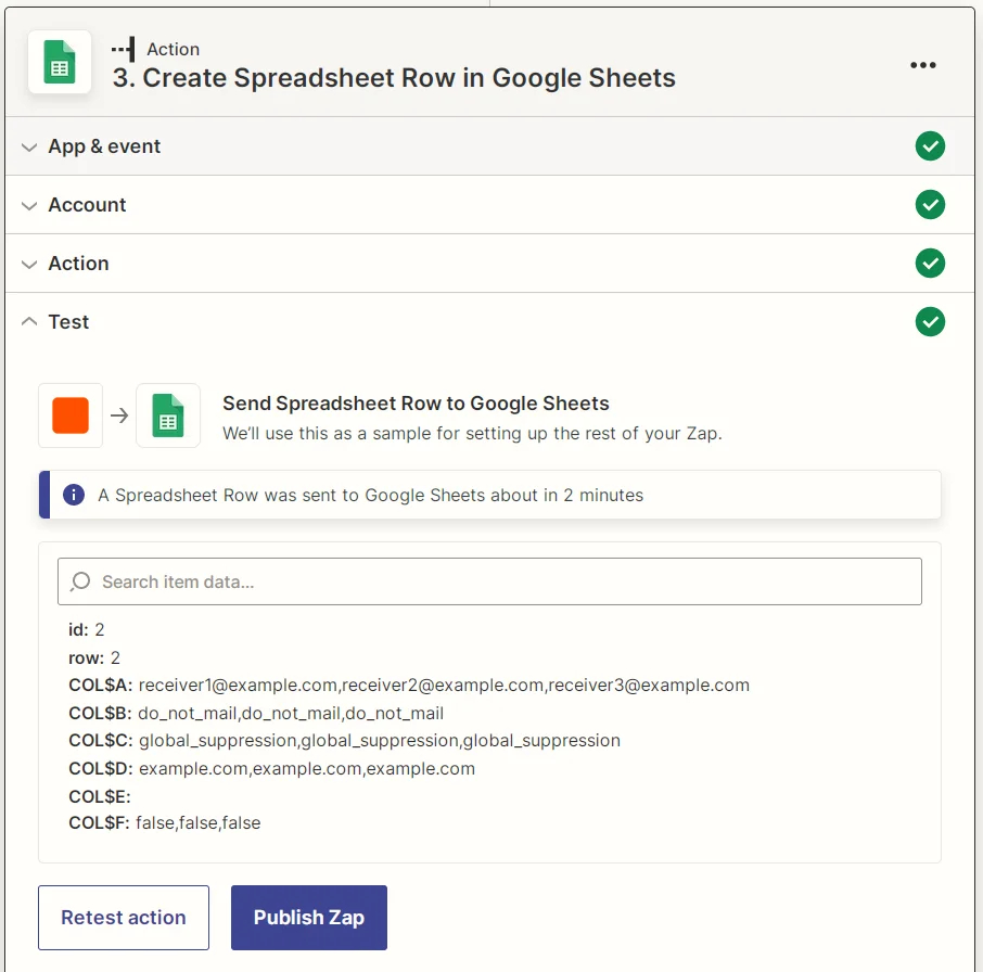 Zapier Google Sheets create new spreadsheet row action test results screenshot