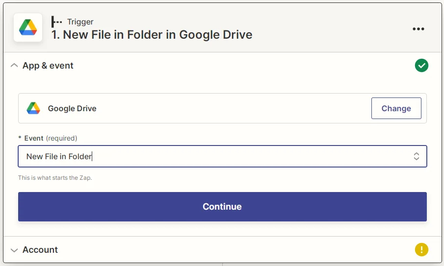 Screenshot showing how to create New File in Folder event for Zapier Google Drive