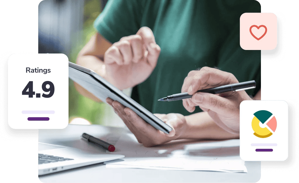 Two hands holding a tablet and another hand holding a pen surrounded by a heart, a 4.9 rating, a graph