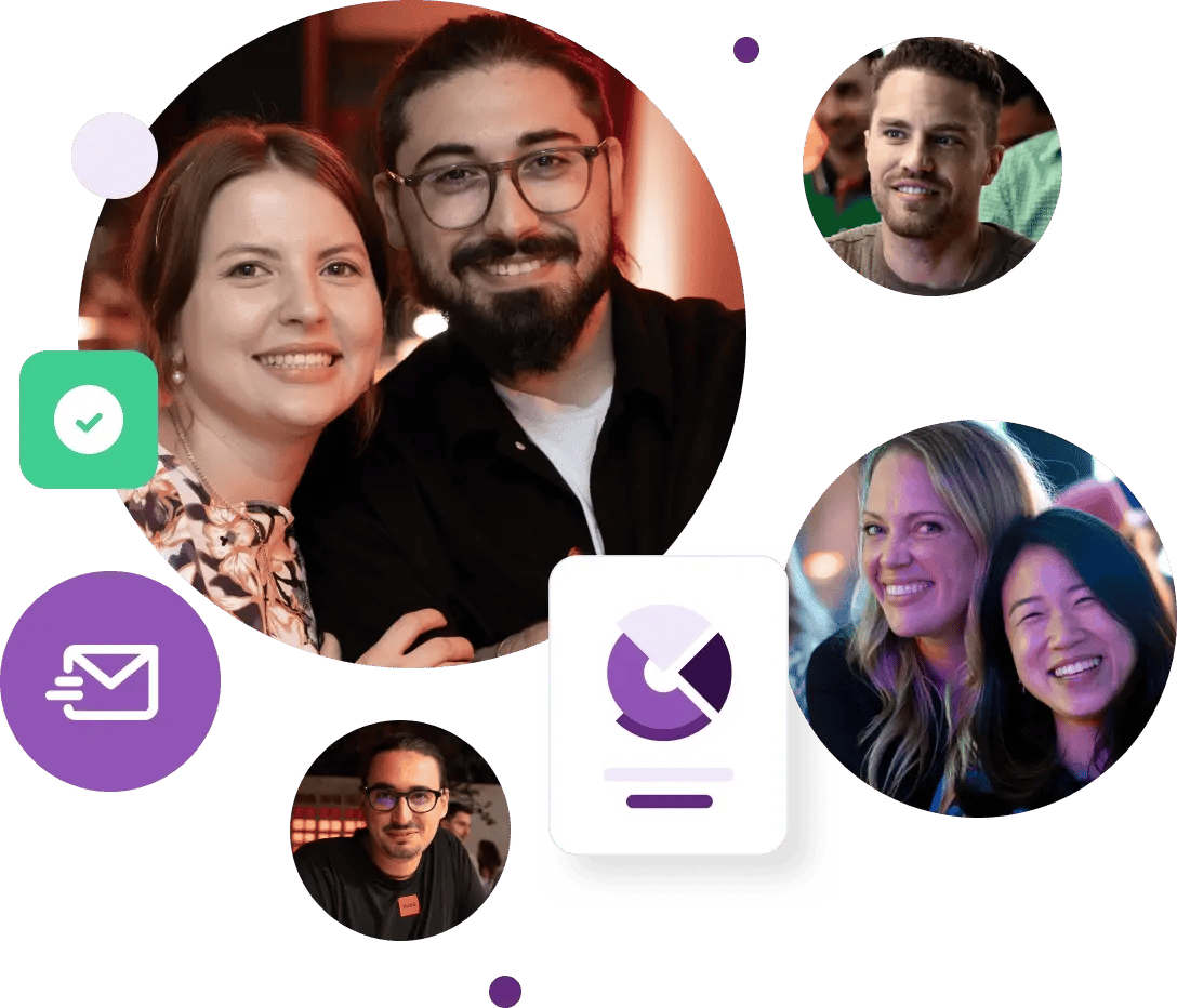 A collection of photos featuring ZeroBounce team members next to an incoming email, a graph, and a green checkmark.