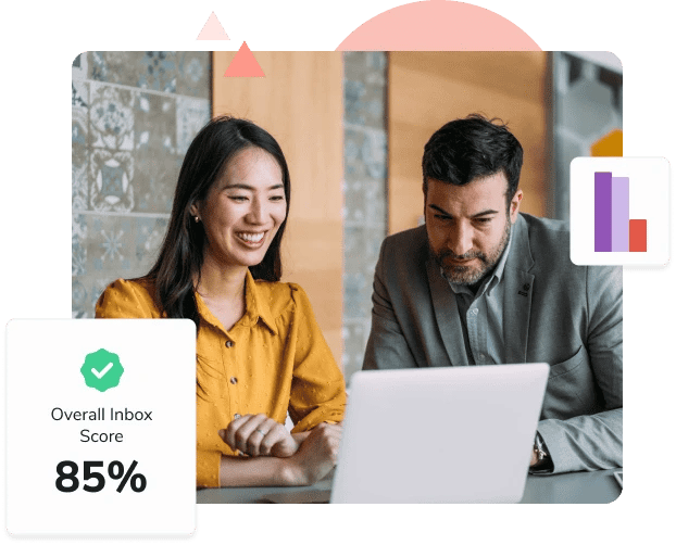 A woman in a yellow shirt looks at a laptop with her male coworker and sees an Overall Inbox Score of 85%.