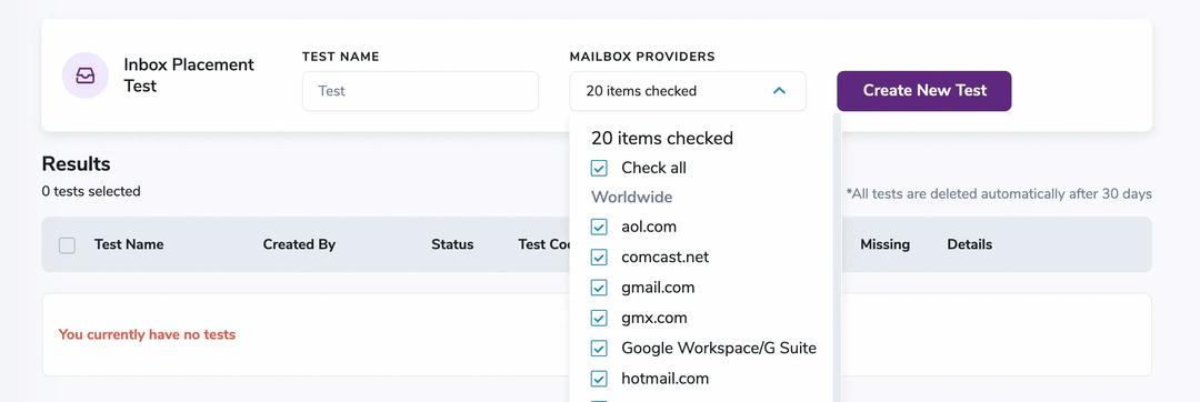 A ZeroBounce inbox placement test that shows all mailbox providers checked.
