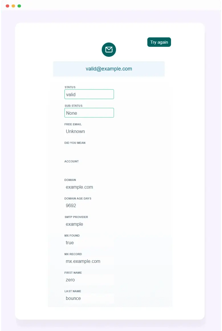 Resultados del validador gratuito para 'valid@example.com' (válido).
