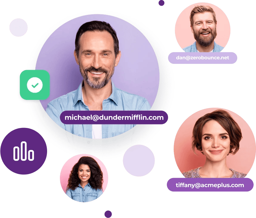 two men and two women with their matching email addresses: michael@dundermifflin.com, dan@zerobounce.net, and tiffany@acmeplus.com