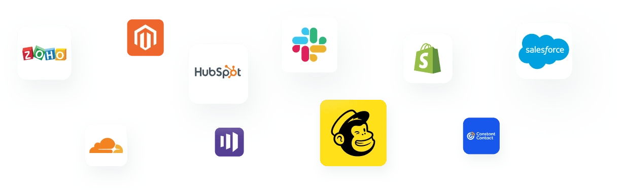 Una variedad de logotipos de empresas que representan las integraciones de ZeroBounce, incluidas Zoho, HubSpot, Slack, Mailchimp, Cloudflare, Salesforce, Shopify y Constant Contact.