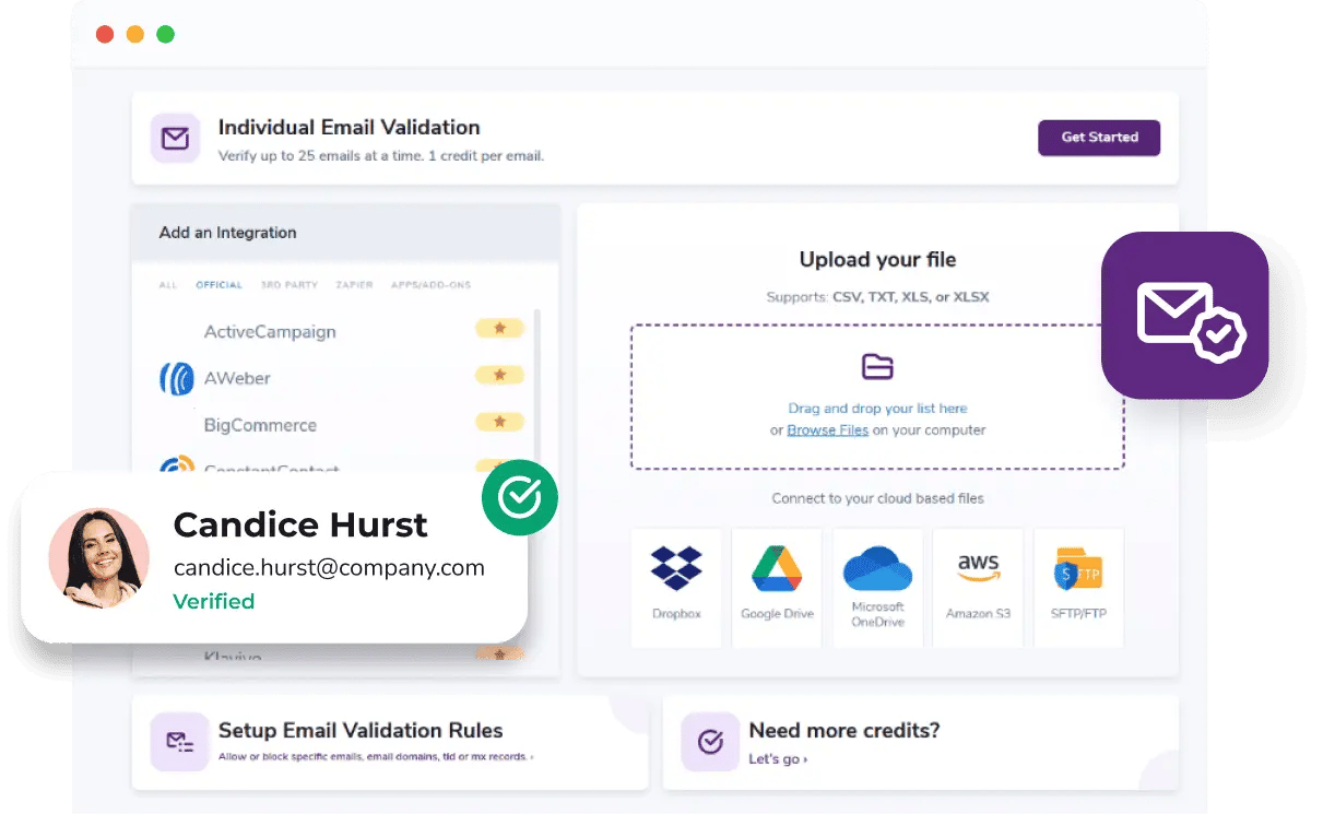 Menú de validación de correos electrónicos ZeroBounce con una ventana emergente para el contacto Candice Hurst, que tiene la dirección de correo electrónico verificada "candice.hurst@company.com".