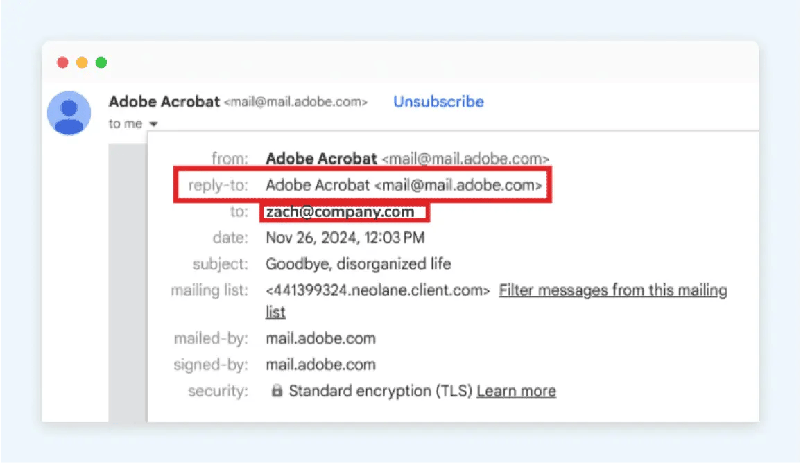 An example email from Adobe Acrobat which shows the header details, including a highlight over the reply-to and to fields.