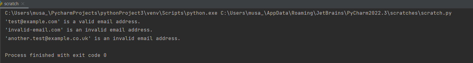 a Python email verification result in Scratch that shows ‘test@example.com’ is a valid email address, while ‘invalid-email.com’ and ‘another.test@example.co.uk’ are invalid