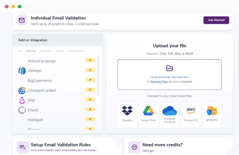 The ZeroBounce email validation menu and upload screen