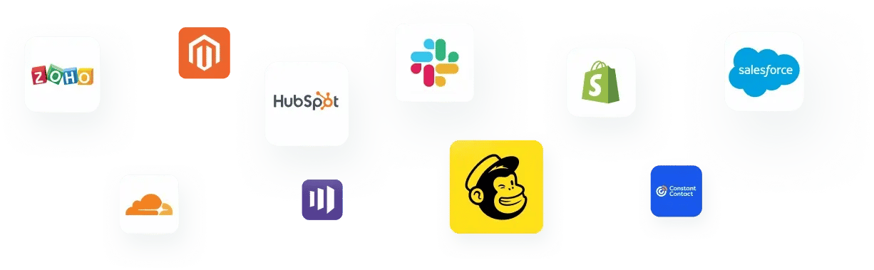 A variety of company logos representing ZeroBounce integrations, including Zoho, HubSpot, Slack, Mailchimp, Cloudflare, Salesforce, Shopify, and Constant Contact.