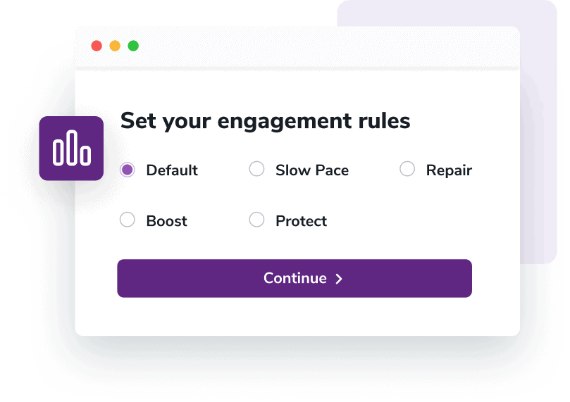 A menu that reads “Set your engagement rules” with “default” selected for the Email Warmup process.