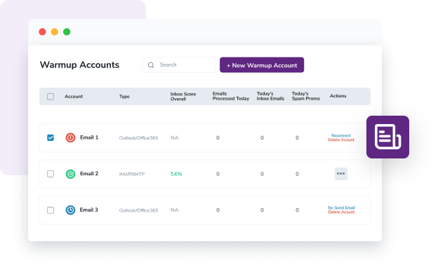 A dashboard showing Warmup Listings for three domains alongside their inbox score and emails sent today.