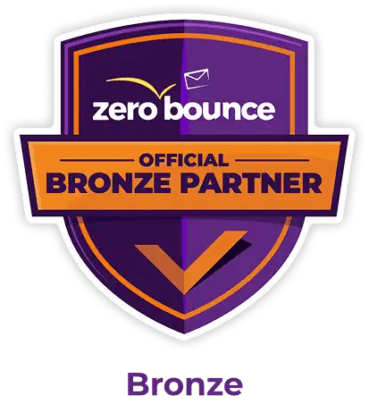 A purple and bronze badge showing ZeroBounce's Bronze Partnership.