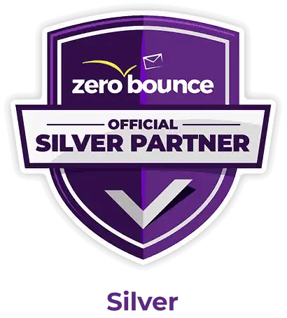 A purple and silver badge showing ZeroBounce's Silver Partnership.