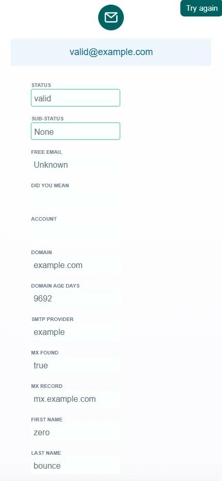 ZeroBounce email verification results for the email ‘valid@example.com,’ which returns a valid email result.