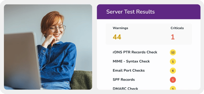 Email Server Testing dashboard with server test results
