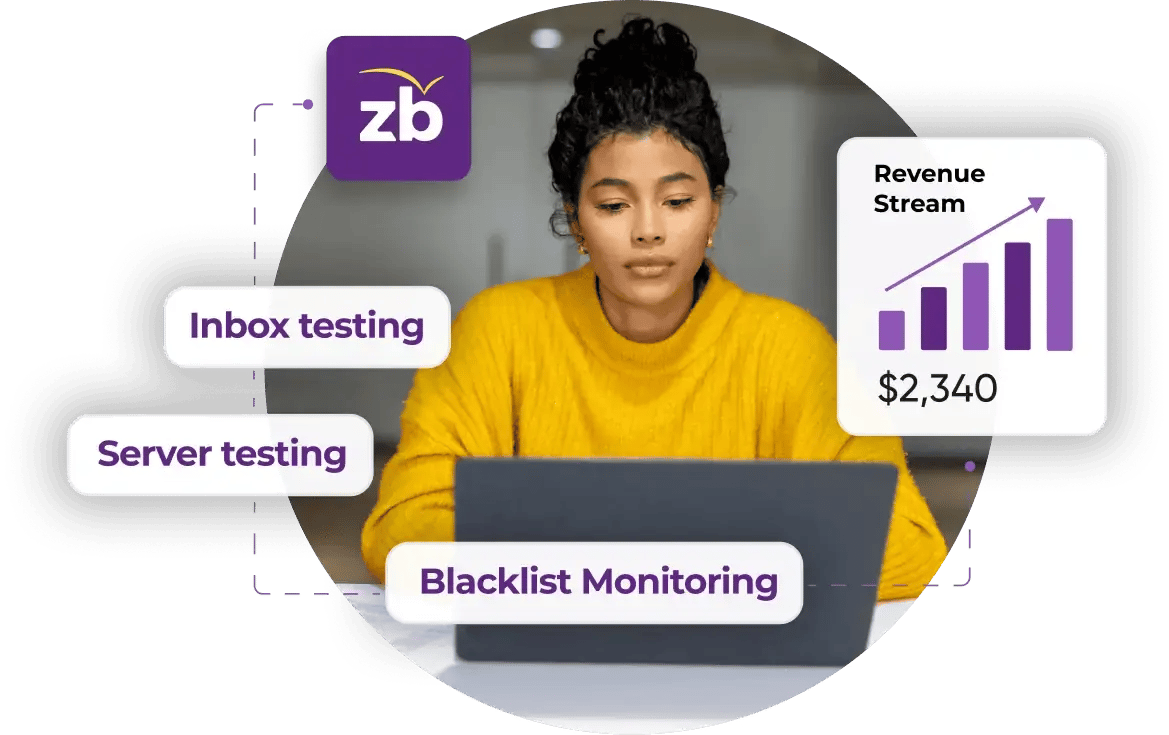 A woman working on a laptop with overlay graphic showing how using ZeroBounce tool kit can grow your recurring revenue.