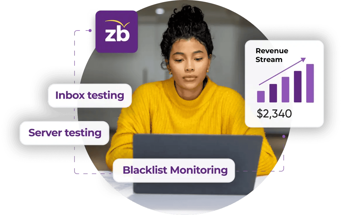 A woman working on a laptop with overlay graphic showing how using ZeroBounce tool kit can grow your recurring revenue.