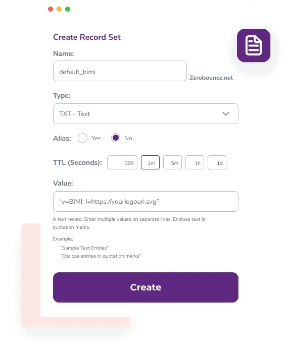 A menu titled 'Create record set' that includes fields for the record name, type, alias, TTL, and value, along with a "Create" button.