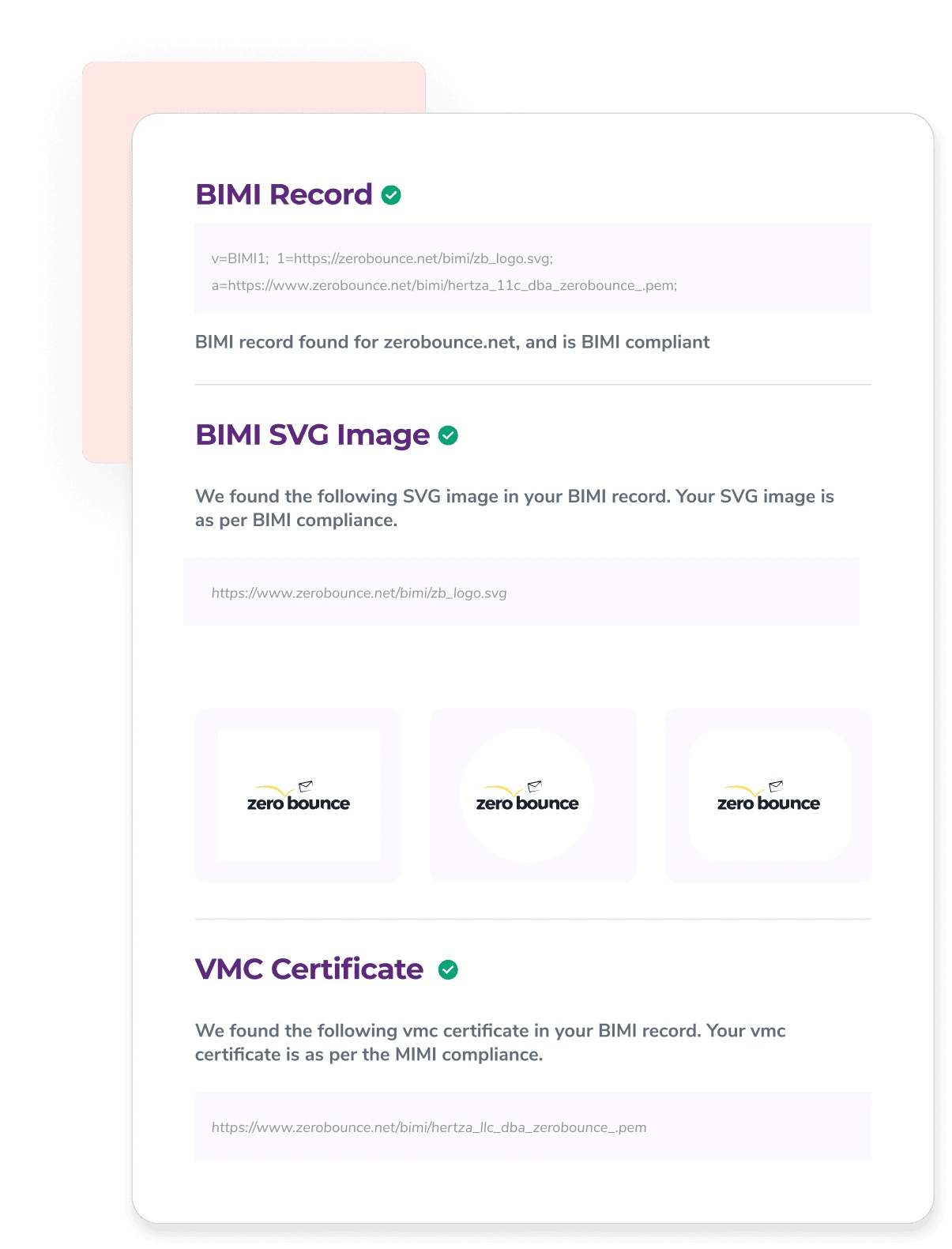 A sample of ZeroBounce's BIMI checker results, which shows the BIMI record, BIMI SVG image, and VMC certificate.