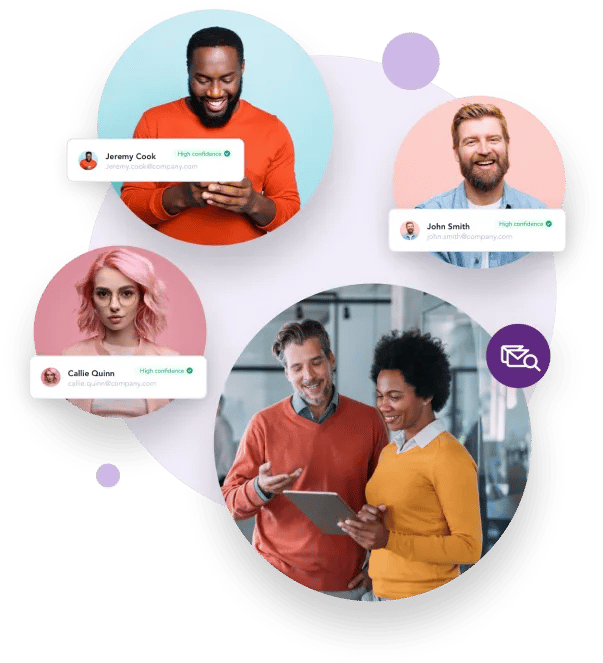 Screenshot of the ZeroBounce business email lookup tool showing emails with corresponding confidence scores