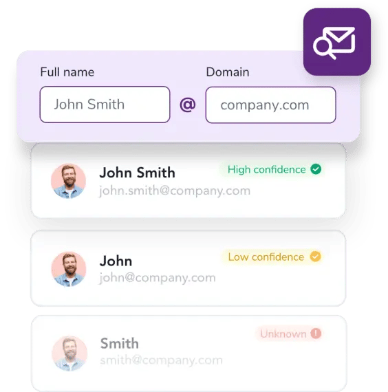 Screenshot of the ZeroBounce business email lookup tool showing emails with corresponding confidence scores
