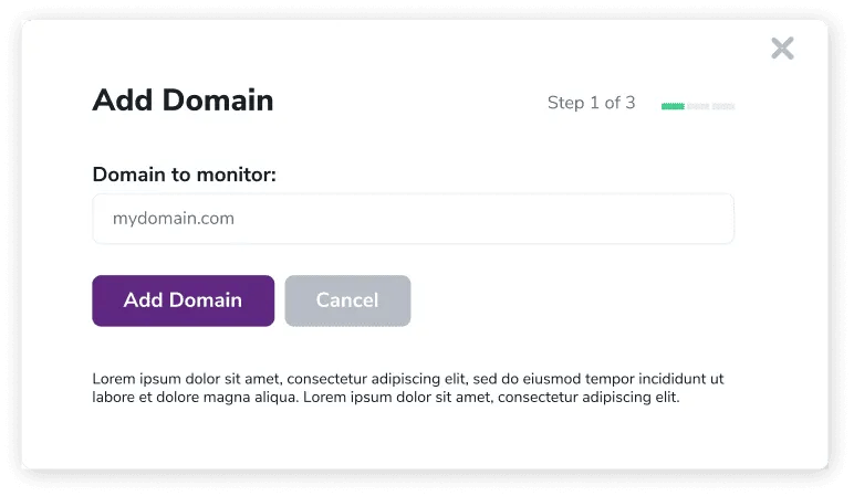 The 'Add Domain' pop-up screen for ZeroBounce's DMARC Monitor.