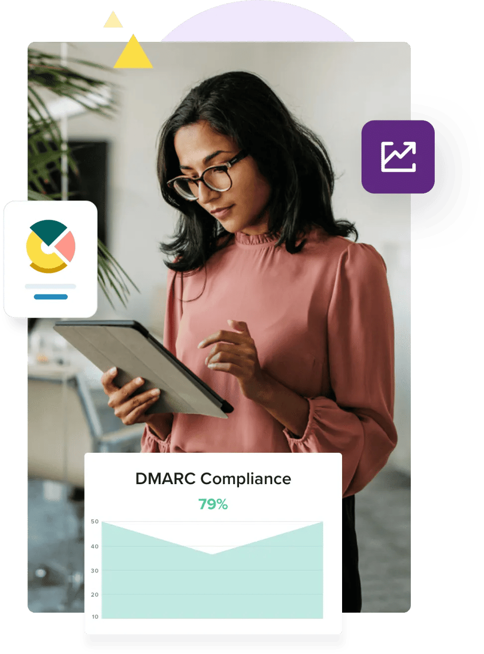 A woman in a pink blouse holds a tablet next to a graph titled 'DMARC Compliance' which sits at 79%.