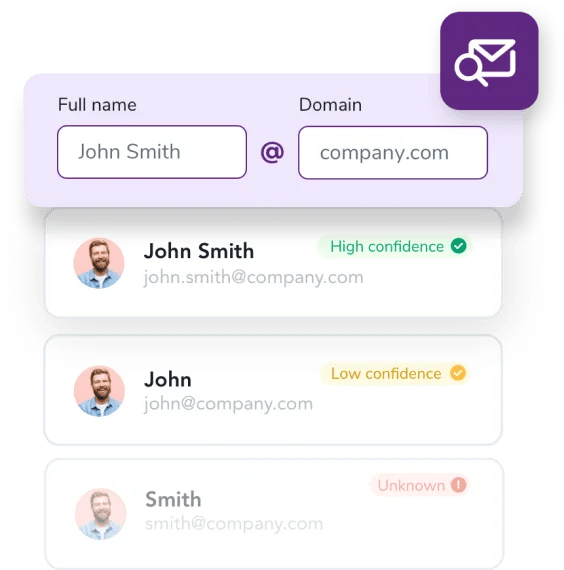 Screenshot of the ZeroBounce domain email finder with various results and confidence scores