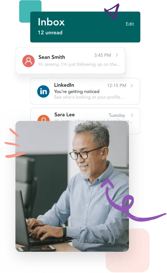 Man wearing blue shirt smiling and answering emails at computer along with inbox examples to illustrate the power of email in observance of National Email Day