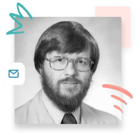 A young Ray Tomlinson wearing glasses and a tie with quote underneath by his daughter, Suzanne Tomlinson Schaffer, in observance of Email Day