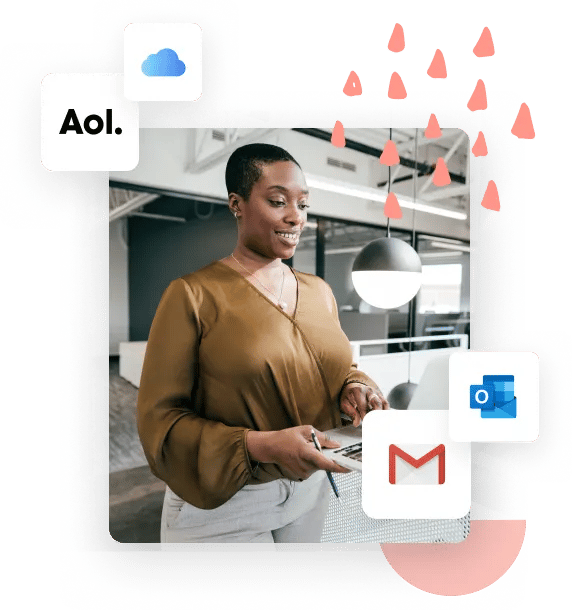 Young woman standing in front of computer answering emails illustration the evolution of email with AOL, Outlook and Gmail icons in the background