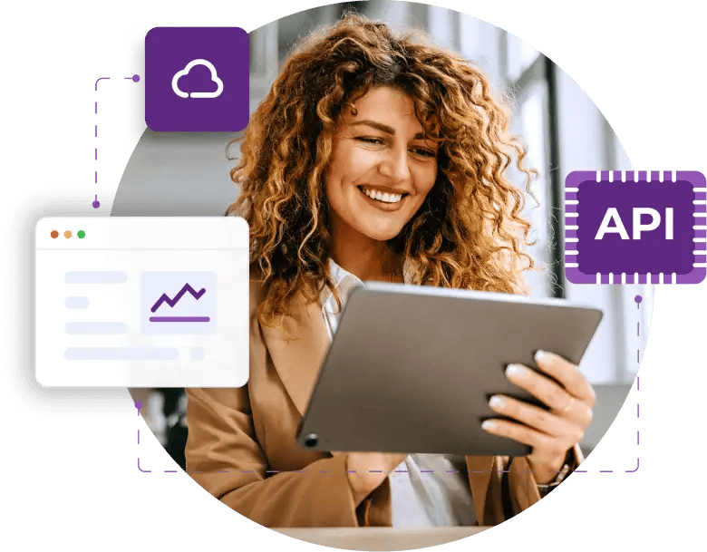 A woman happily using a tablet with icons showing API integration into an application.