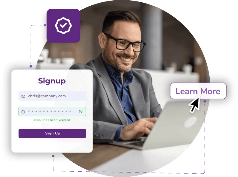 A collage of images showing a business professional verifying an email contact at sign-up.